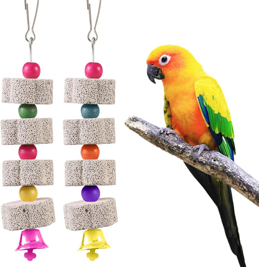 2 Pièces Jouet à Mâcher pour Oiseaux, Pierre Minérale avec Bec D'oiseau, Oiseaux à Mâcher Jouets Minéral, Pierre de Calcium avec Cloches, pour Perruches, Perroquets, Inséparables, Chinchillas, Lapins