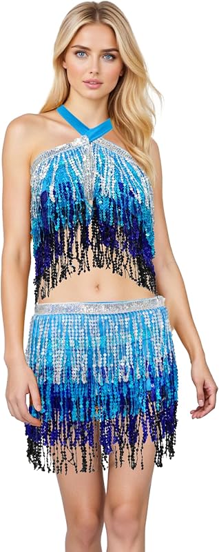 Sequin Skirts for Women (Waist/Bust Under 31.5"), Sparkly Skirts for Girls 2 Piece Set, Tassel Skirt for Kids, 2Pack