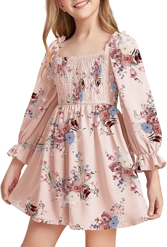 Little Girls Kids Summer Chiffon Ruffle Mini Dress Square Neck Lantern Sleeve Short Dress Tulle Smocked