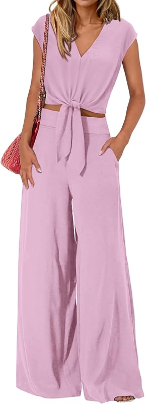 PRETTYGARDEN Women's Summer 2 Piece Outfits 2025 Cap Sleeve V Neck Belted Crop Tops Wide Leg Pant Sets Casual Tracksuit