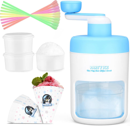 Manual Shaved Ice Maker Machine, Ice Shaver Machine, Snow Cone Maker Machine, Portable Ice Crusher, 10 Cups 10 Spoon Straws & Recipes Included (Blue)