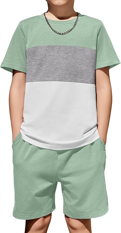 Arshiner Boys' 2-Piece Cotton Outfit Color Block T-Shirt and Shorts Set Casual Summer Clothes for Kids 6-14 Years