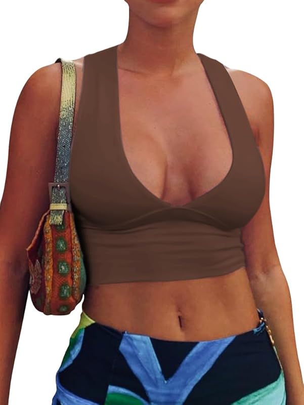 AEPEBO Sexy Crop Tops for Women Deep V Neck Back Cutout Sleeveless Plunge Racerback Tank Cropped Top