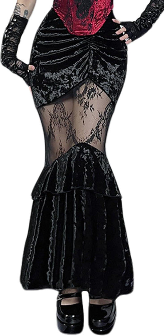 FEOYA Gothic Mini/Long Skirt for Women Sexy Pleated/Lace/Split/Fishtail Punk Skirt for Halloween/Streetwear/Party/Casual XS-XL