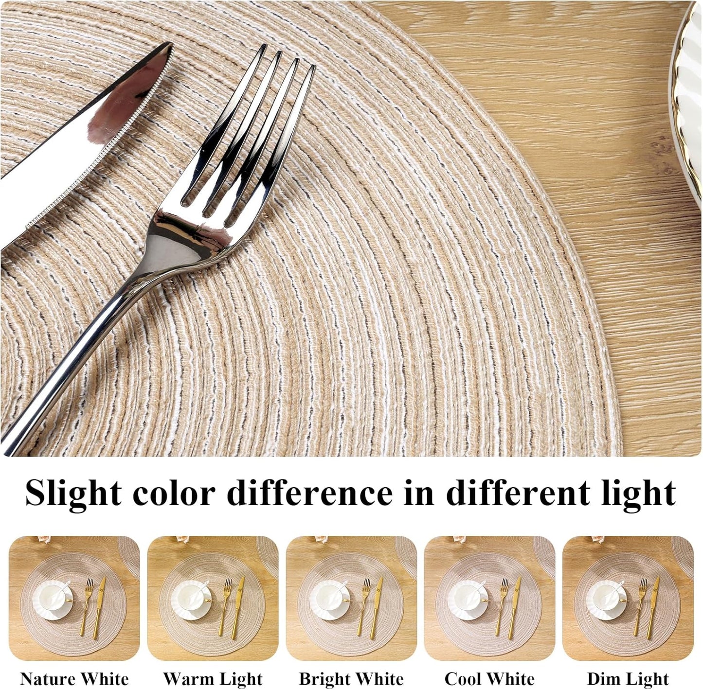 SHACOS Round Braided Placemats Set of 4 Round Table Mats for Dining Tables 15 inch Washable Kitchen Table Place Mats Indoor (Beige, 4)