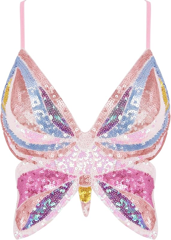 Mocure Womens Glitter Sequin Butterfly Crop Top Low-Cut Tank Top Rave Tube Vest Top for Belly Dance Costume Outfits