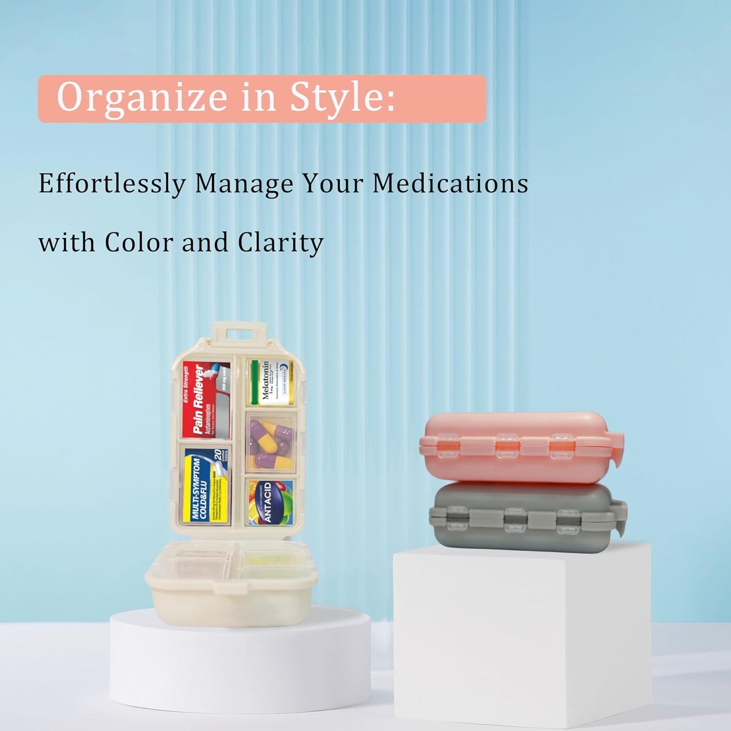 Pill Organizer with Medicine Labels 146 Labels Travel Daily Pill Container Mini Medication Organizer Storage Pill Organizer Travel Essentials Pill Case 7 Day (Purple, 1 Pack(Large))