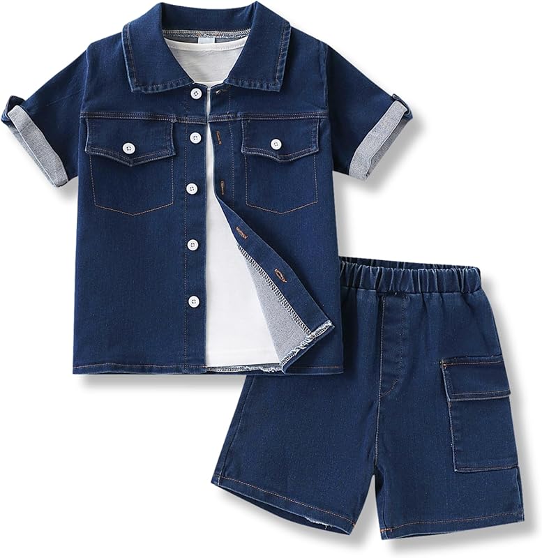 3-7T Toddler Boys Clothes Denim Outfit Set – Short Sleeve Button-Up Jean Jacket & Stretch Denim Shorts