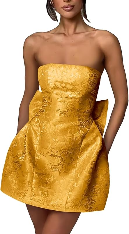 Xijun Short Jacquard Satin Homecoming Dresses for Teens Strapless Embroidery Mini Prom Cocktail Party Gown with Bow