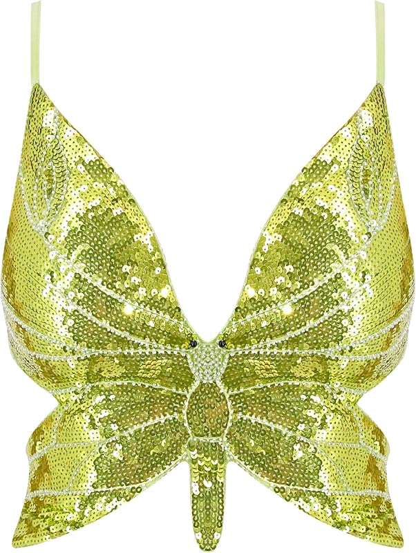 Mocure Womens Glitter Sequin Butterfly Crop Top Low-Cut Tank Top Rave Tube Vest Top for Belly Dance Costume Outfits