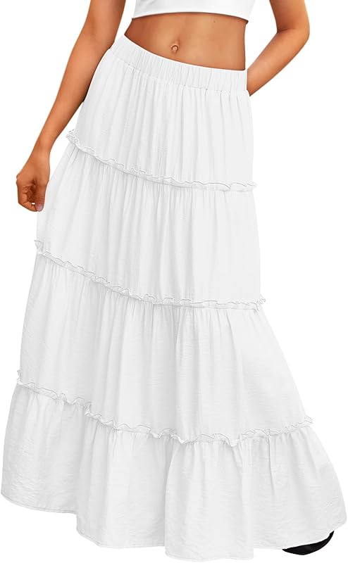 Trendy Queen Long Skirts for Women Boho Maxi Skirt Summer Swing Tiered A-Line Elastic High Waist Dress with Pockets Fashion