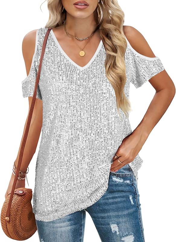 Sequin Tops Women Sparkly Shirt: Party Top Sparkle Shirts Glitter Cold Shoulder V Neck Blouses Evening Club Outfits