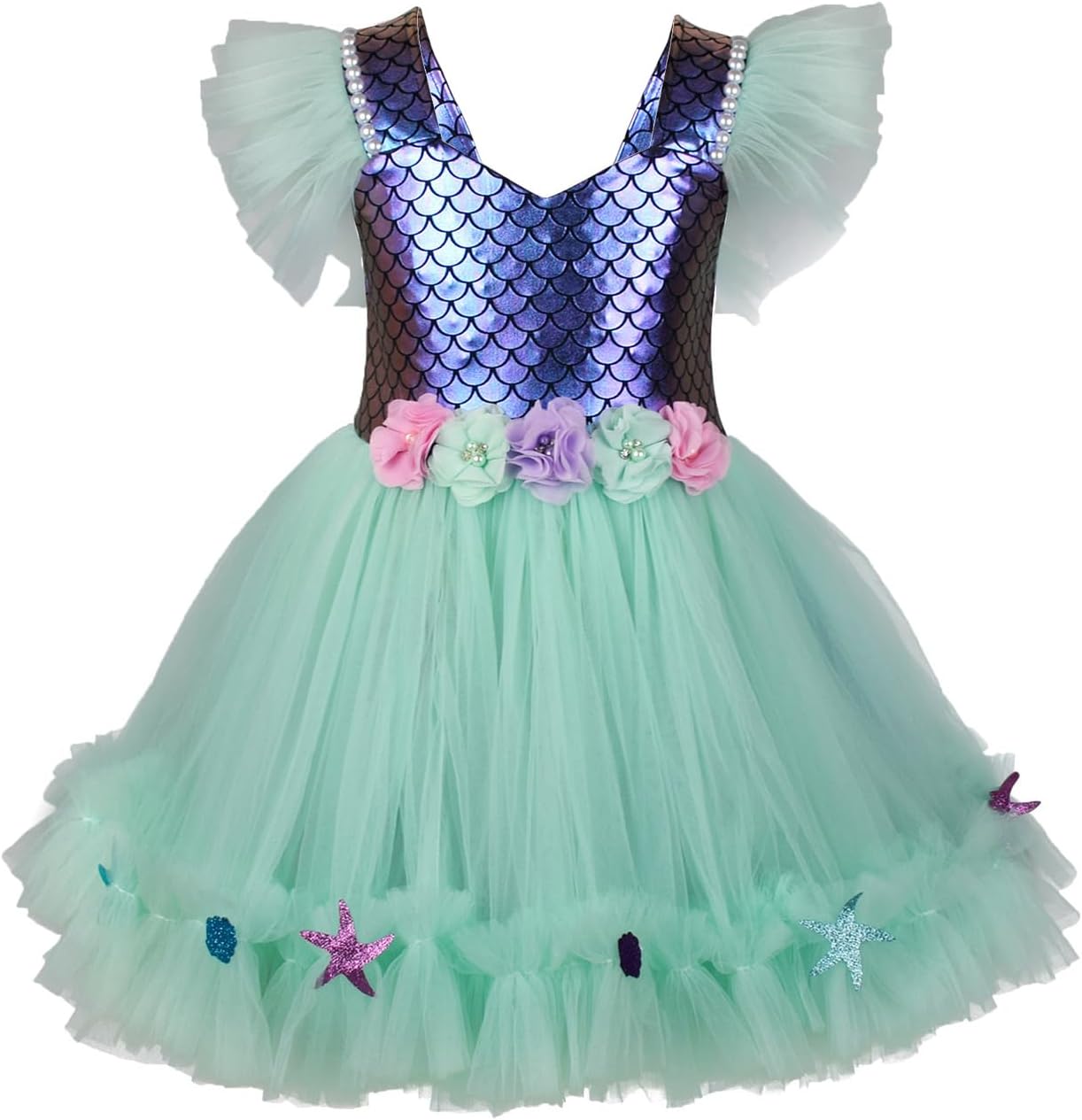 Kids Girls Mermaid Tutu Dress Outfit Fly Sleeve Tulle Patchwork A-line Dress with Headband