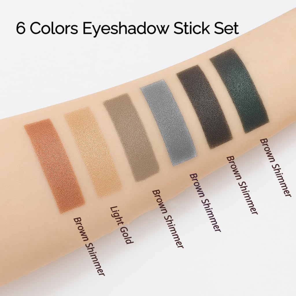 6Pcs Cream Eyeshadow Sticks Set, Champagne Pearl Brown Cocoa Stone Green Sliver Shimmer Matte Waterproof Eye Brightener Stick Palette for Eye Makeup (6Pcs-01)