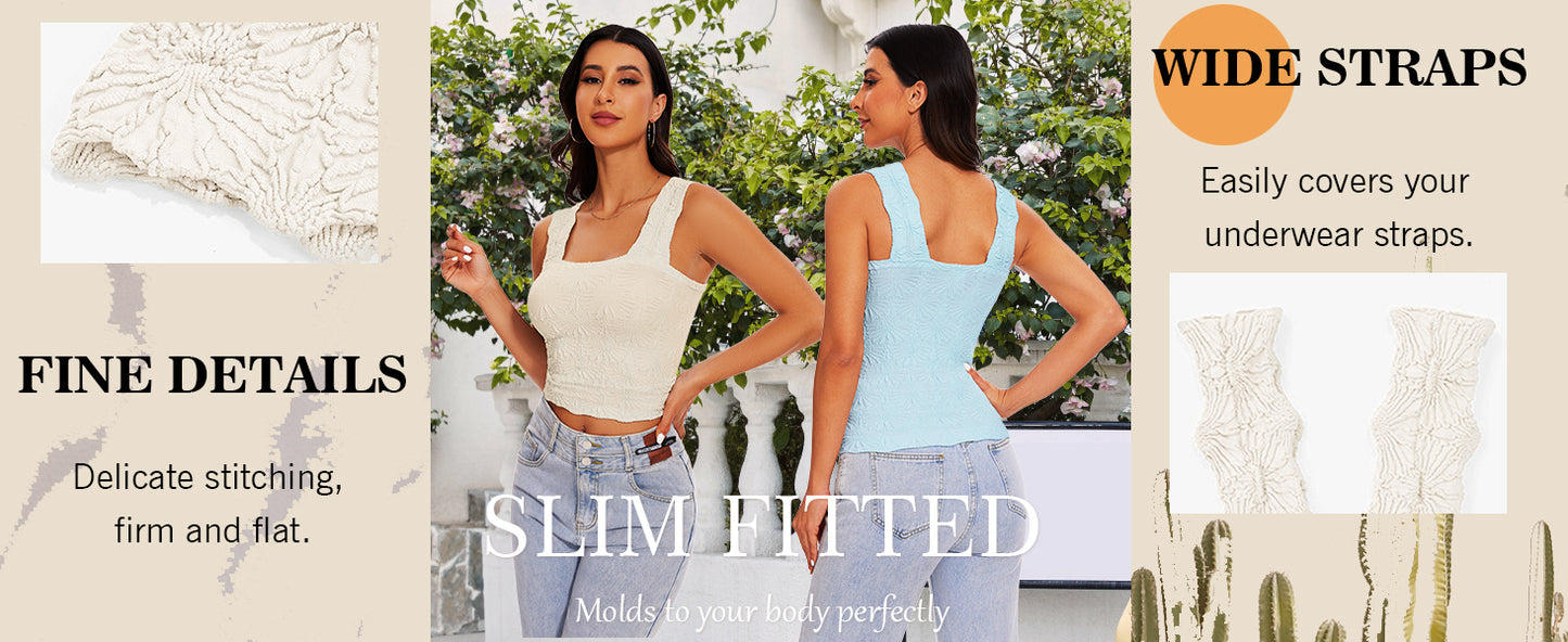 Women's Square Neck Wide Strap Crop Tank Tops Slim Fit Sleeveless Going Out Top Flower Lettuce Trim Cami Tops