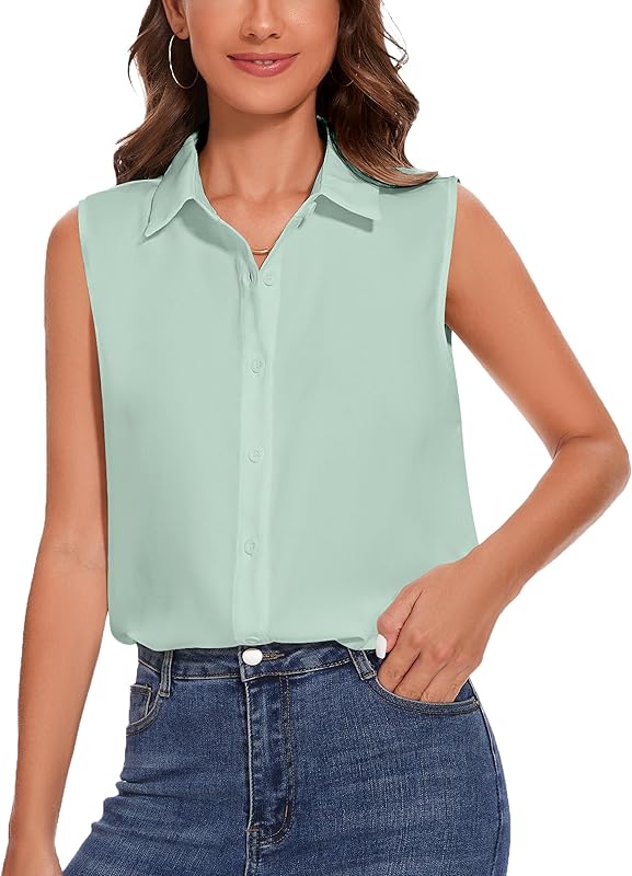 YAMANMAN Womens Sleeveless Button Down Shirt Classic Collared Blouse Basic Tank Tops Work Office Chiffon Tops