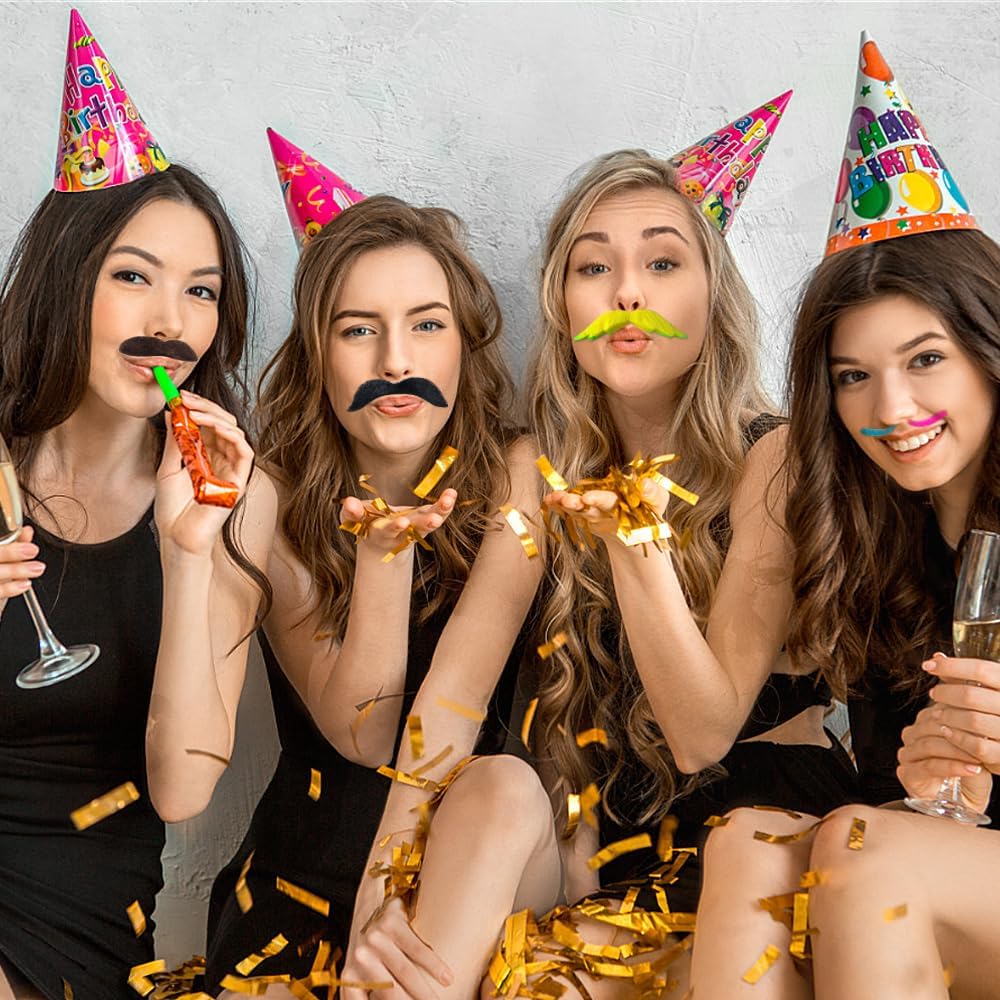 TCOTBE 48 Pcs Self Adhesive Fake Mustache Set Novelty Mustaches Colorful Fake Beard Mardi Gras French Pirate Detective Moustache Stickers for Costume and Halloween Festival Party 16 Styles