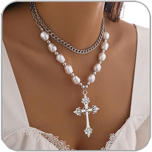 Gothic Cross Necklaces Layered Pearl Beads Cross Pendant Necklaces Punk Vintage Cross Chain Necklace Chunky Cross Necklace Gothic Jewelry for Women