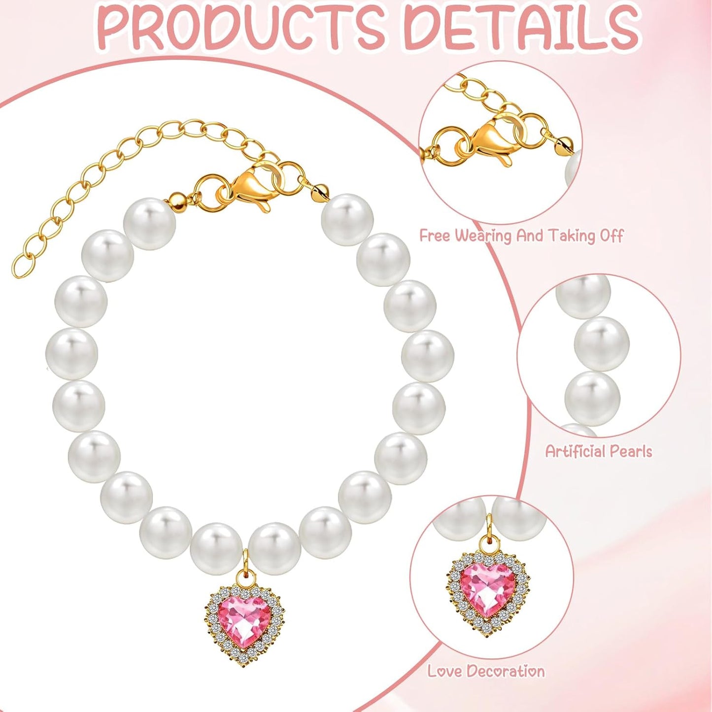 2Pcs Cat Pearl Collar with Heart Shape Pendant Rhinestone Cute Pearl Pet Necklace, Adjustable Size Small Dog Jewelry Accessories for Puppy Girl cat for Wedding Party