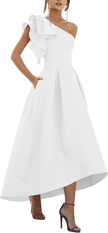 One Shoulder Satin Mother of Bride Dresses 2025 High-Low Ruffle Formal Evening Party Gowns