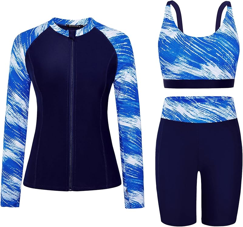 Arolina Womens Rash Guard Long Sleeve Swim Shirts Swimsuit 2025 Bathing Suit with Womens Swim Shorts & Two Pockets