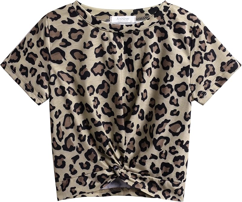 Arshiner Girls T-Shirts Twist Front Kids Summer Printed Round Neck Short Sleeve Tops Casual Fashion Tee Shirt for Girls 5-12 Years