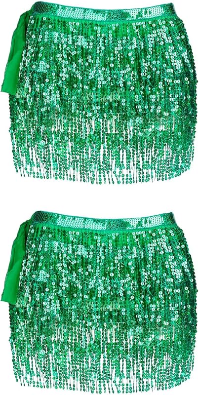 Women Belly Dance Skirt Tassel Fringe Skirts Sparkly Sequin Hip Scarf Party Costume