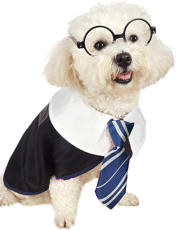 Pet Halloween Dog Shirts Funny Cat Wizard Costume Cute Apparel Soft Clothes with Glasses (Large,Neck:18")