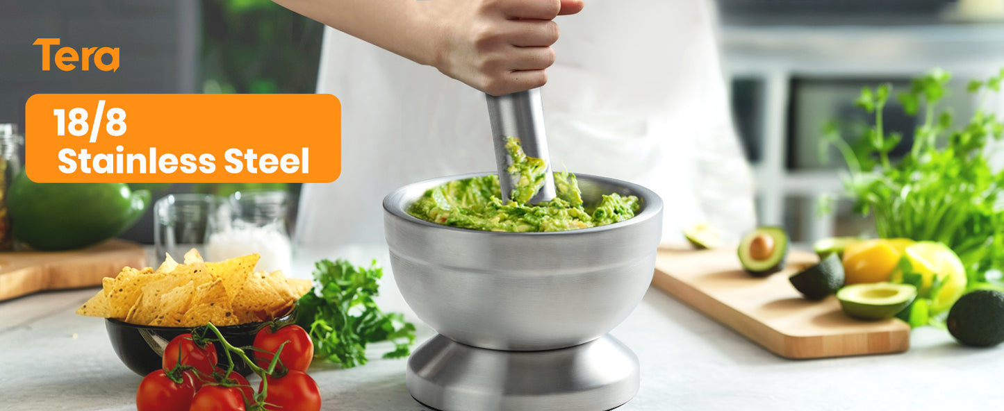 Tera 18/8 Stainless Steel Mortar and Pestle with Brush,Pill Crusher,Spice Grinder,Herb Bowl,Pesto Powder