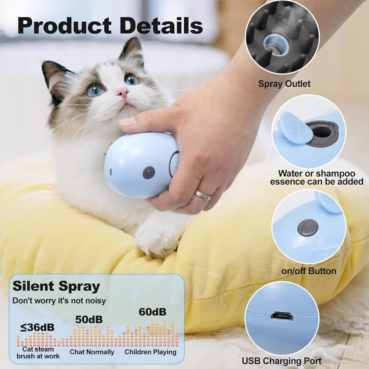 Cat Steam Brush for Shedding, Grooming With Steam, Rechargeable, Steamy Cat Brushes 3 In1, Self Cleaning Brush Massage,Clean and Removing Loose Hair-Blue