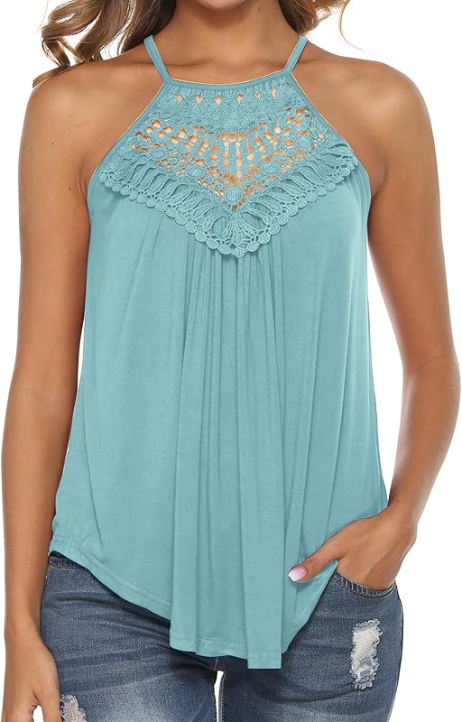 Bluetime Halter Tops for Women Sexy Sleeveless Lace Crochet Dressy Flowy Tank Top Cute Summer Shirts