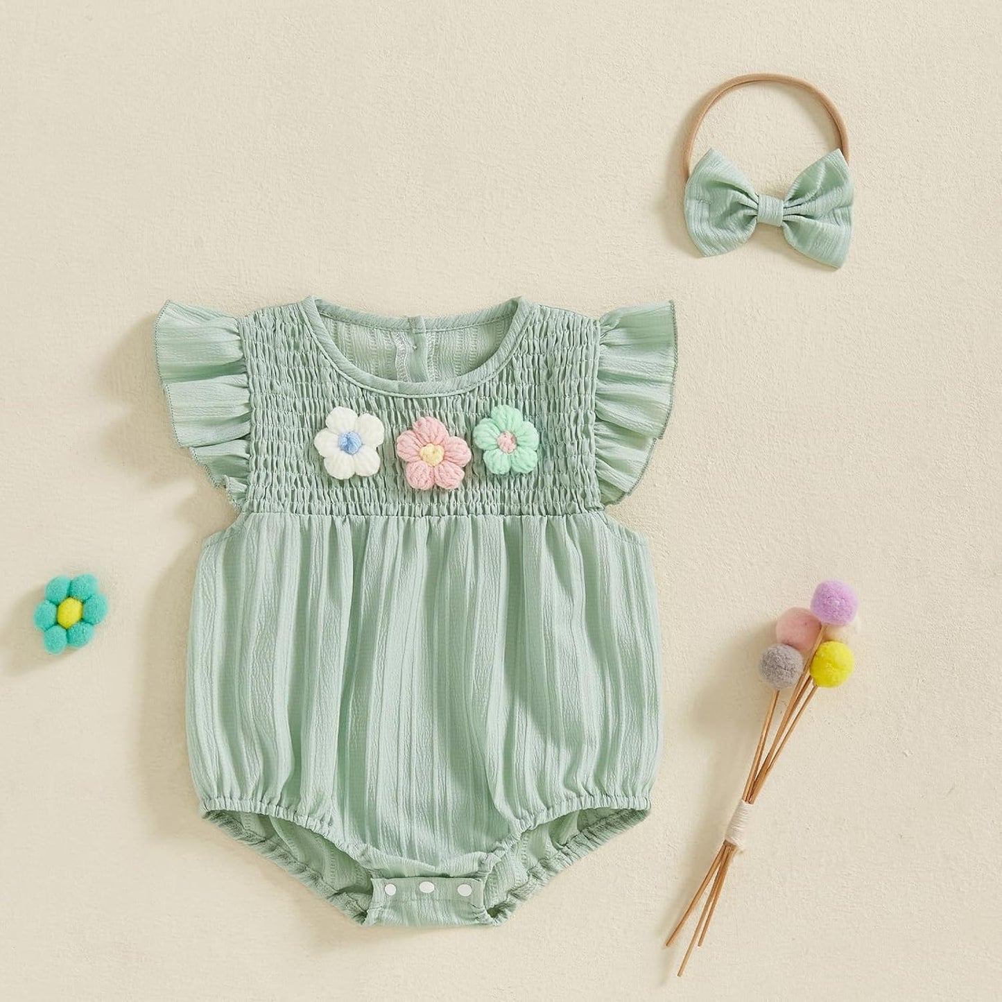 Newborn Baby Girl Outfits Cute 3D Knit Floral Summer Clothes Infant Fly Sleeve Bubble Romper Headband Clothing