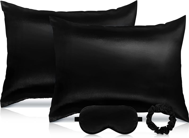 2 Pack Satin Pillowcase with Latent Zipper, Adjustable Satin Eye Mask for Sleeping and Satin Volume Scrunchie for Hair and Skin, Standard Size (Brown,Leopard Style)