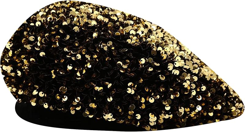 Women Beret Hat Glitter Sequins French Style Beanie Cap Adjustable Fashion Shimmer Hat for Girls Ladies