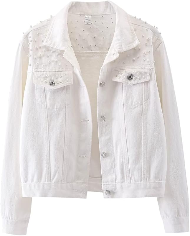 Women’s Oversized Denim Jacket with Pearl Beading and Embroidered Details – Jean Coat