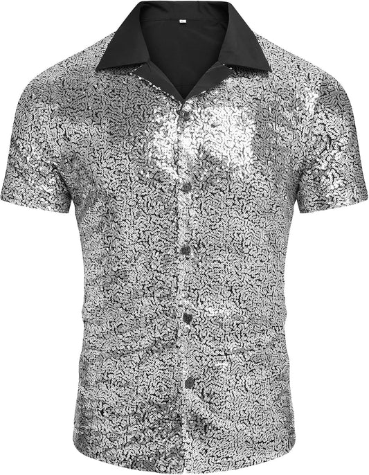 AstoSeu Men's Sequin Dress Shirt 70s Disco Costume Sparkle Party Short Sleeve Button Down Shirts