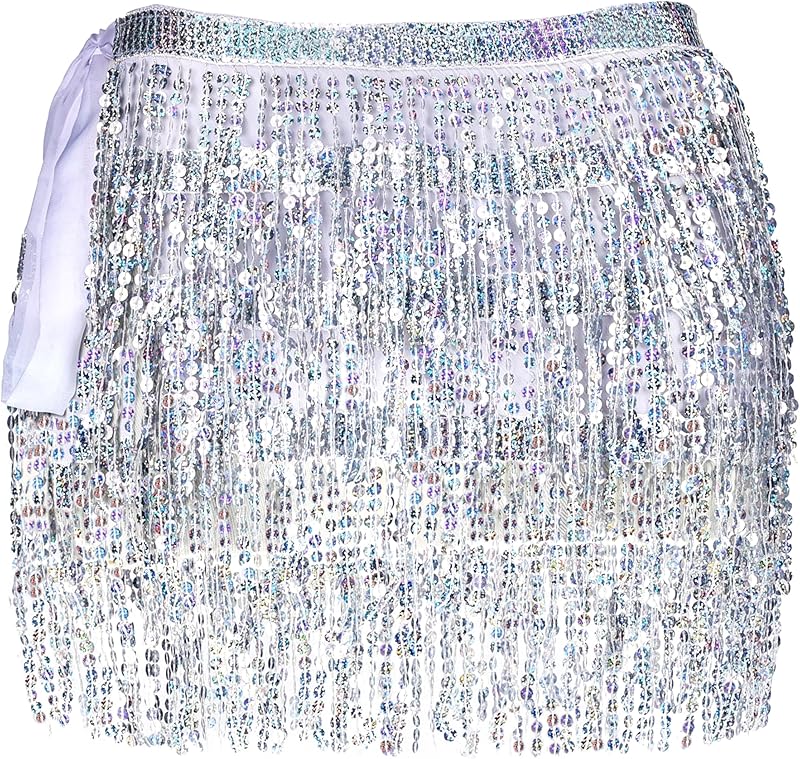 Women Belly Dance Skirt Tassel Fringe Skirts Sparkly Sequin Hip Scarf Party Costume