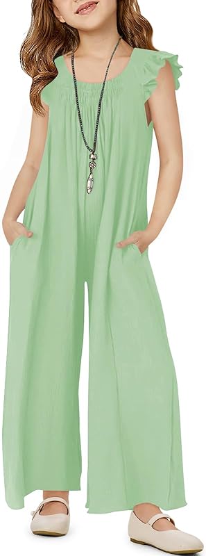 Haloumoning Girls Wide Leg Loose Jumpsuit Kids Casual Ruffle Sleeve Round Neck Romper with Pockets 5-14 Years