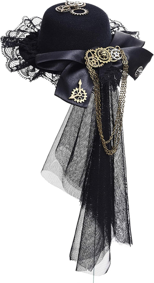 Womens Girls Vintage Lace Veil Tassels Steampunk Hair Clip Gears Bow-tie Mini Top Hat Gothic Lolita Fedoras Headwear