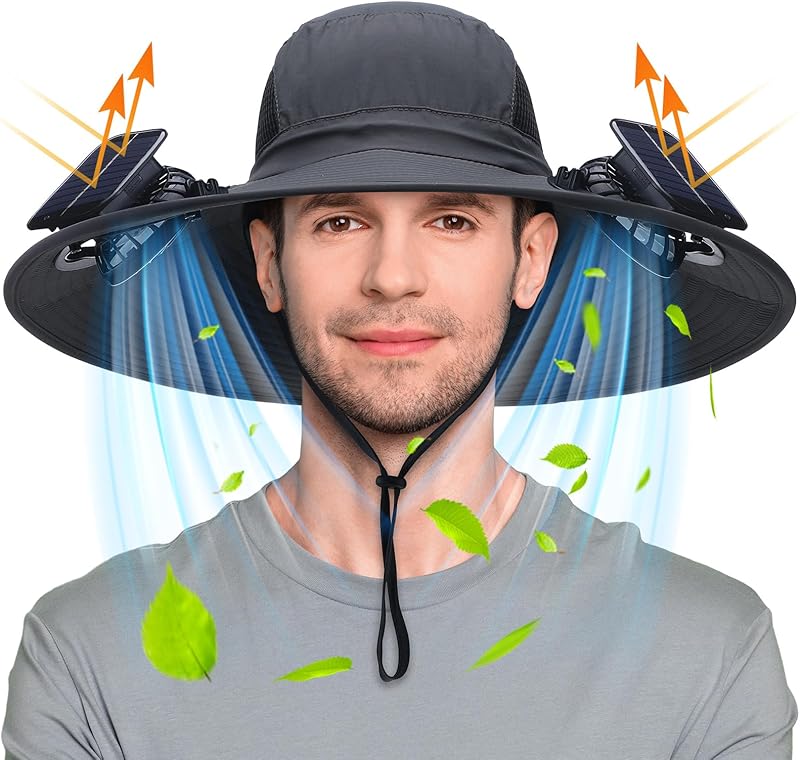 Berlune Men Sun Hat with 2 Solar Fan Fishing Wide Brim Sun Hat for Outdoor Summer Camping Beach, USB & Solar Powered