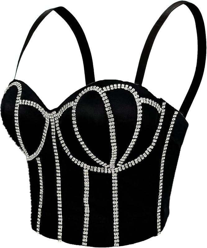 Women's Handmade Rhinestone Diamond Push up Bustier Crop Top Punk Corset Bra Vest With Detachable Strap