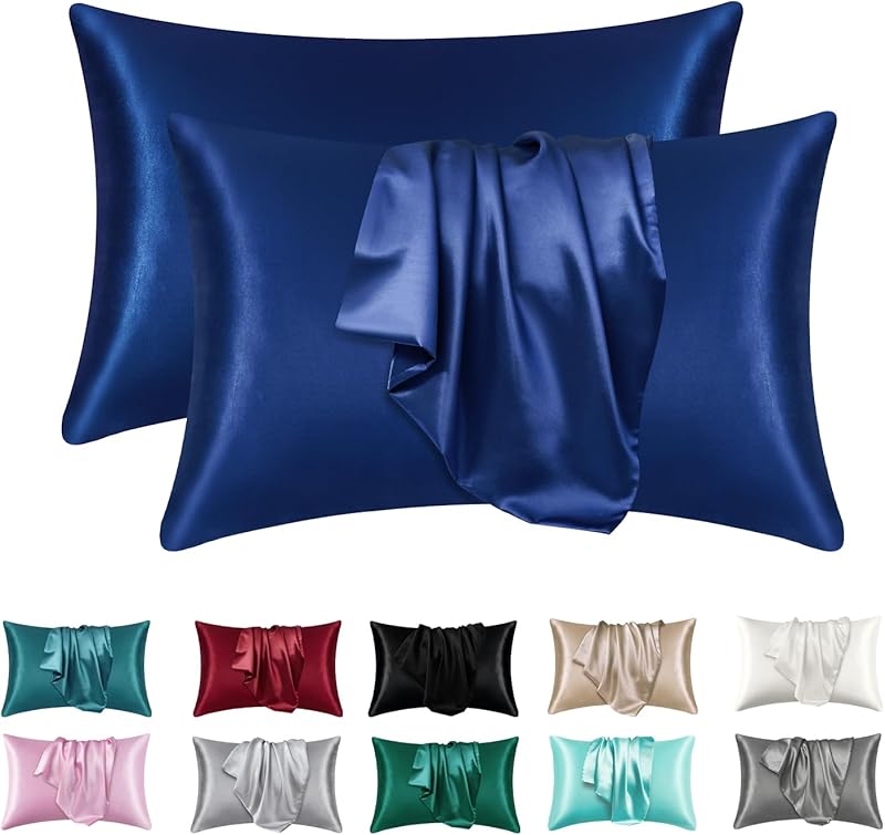 Satin Silk Pillowcases for Skin and Hair,Set of 2 Satin Pillow Cases for Women with Envelope Closure,Soft Breathable Smooth Cooling Silk Pillow Covers for Gifts，Solid Black，Queen (20" x 30")