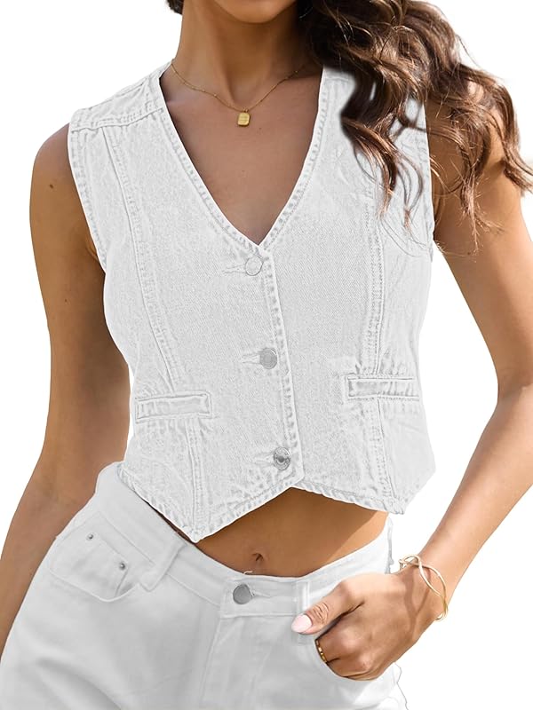ELLEVEN Womens Summer Cropped Denim Vest, V-Neck Crop Western Jean Vest Top for Women Country Trendy Outfits