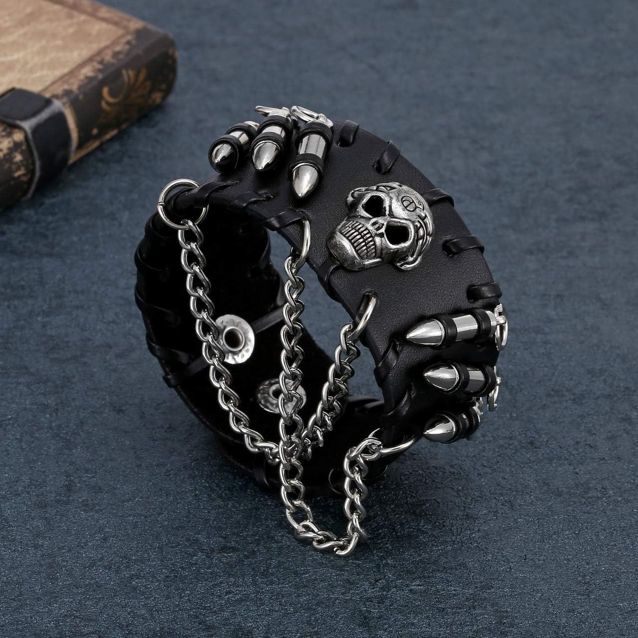 JOVIVI 3pcs Spike Studded Rivets Punk Rock Biker Wide Strap Genuine Leather Bracelets Necklace Chain Wristband Adjustable