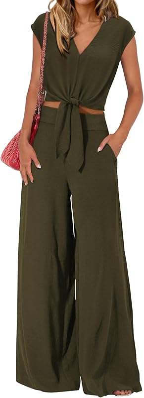 PRETTYGARDEN Women's Summer 2 Piece Outfits 2025 Cap Sleeve V Neck Belted Crop Tops Wide Leg Pant Sets Casual Tracksuit