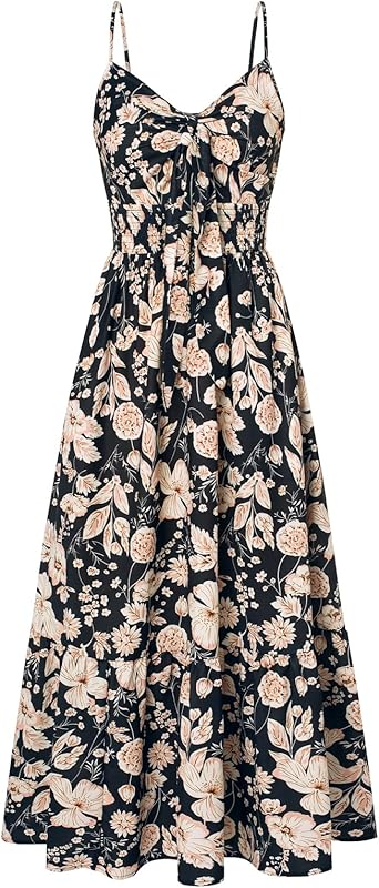 GRACE KARIN Women's 2025 Summer Maxi Dress Floral Tie Front Spaghetti Strap Casual Boho Beach Flowy Sundress with Pockets