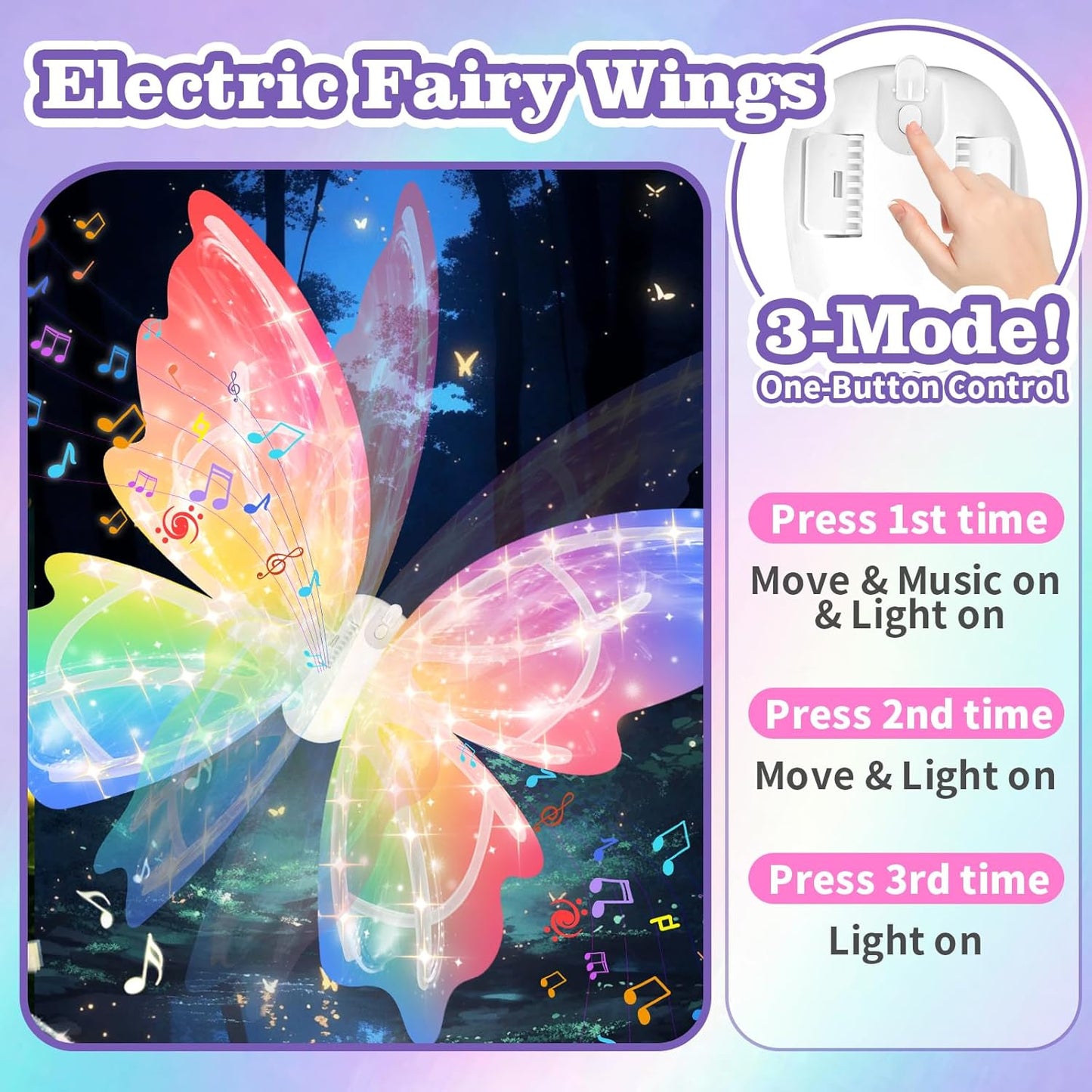 Electric Fairy Wings and princess wand for Girls, Princess Dress up Costume, Moving Butterfly Wings with LED Lights and Music, Toys for Kids as Halloween Birthday Christmas Party Cosplay Gift