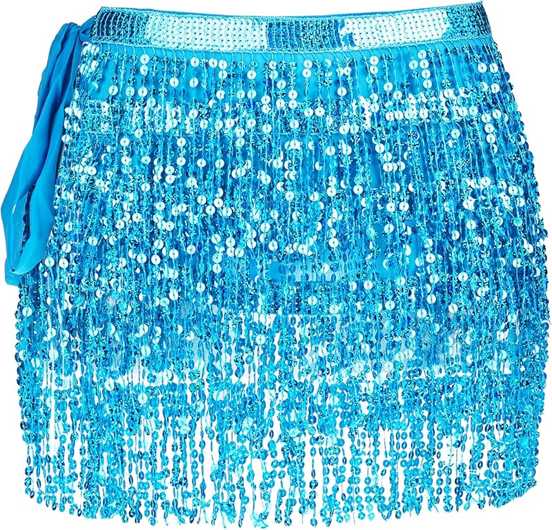 Women Belly Dance Skirt Tassel Fringe Skirts Sparkly Sequin Hip Scarf Party Costume