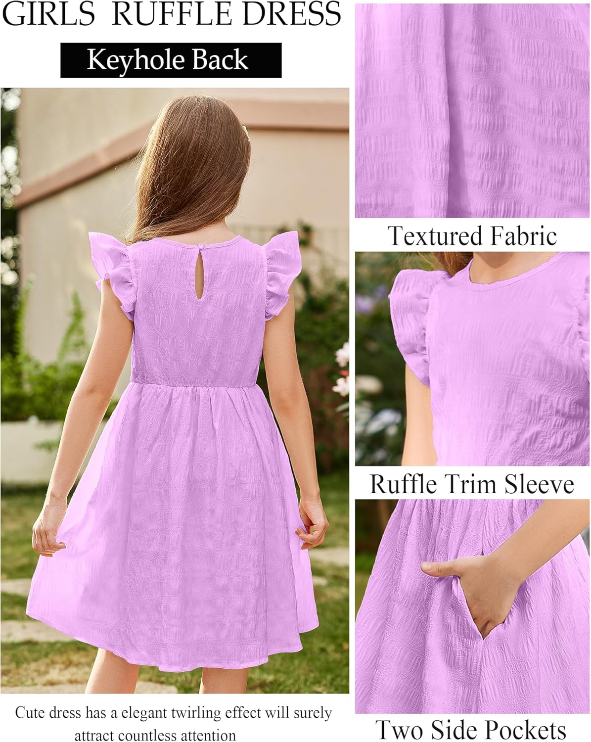 Arshiner Girls Dress Casual Ruffle Sleeveless A Line Summer Dresses with Pockets 4-12 Years