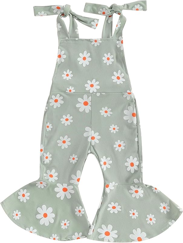 Emmababy Baby Girl Bell Bottoms Romper Toddler Floral Overalls Suspender Flare Pants Sleeveless Strap Jumpsuit Fall Clothes